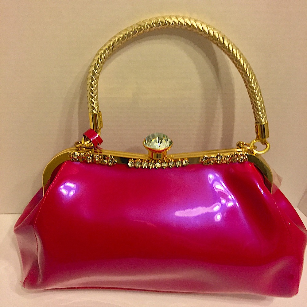 Brand-New Women’s Handbag Rhinestone Pink Patent Leather Purse Gold Clasp